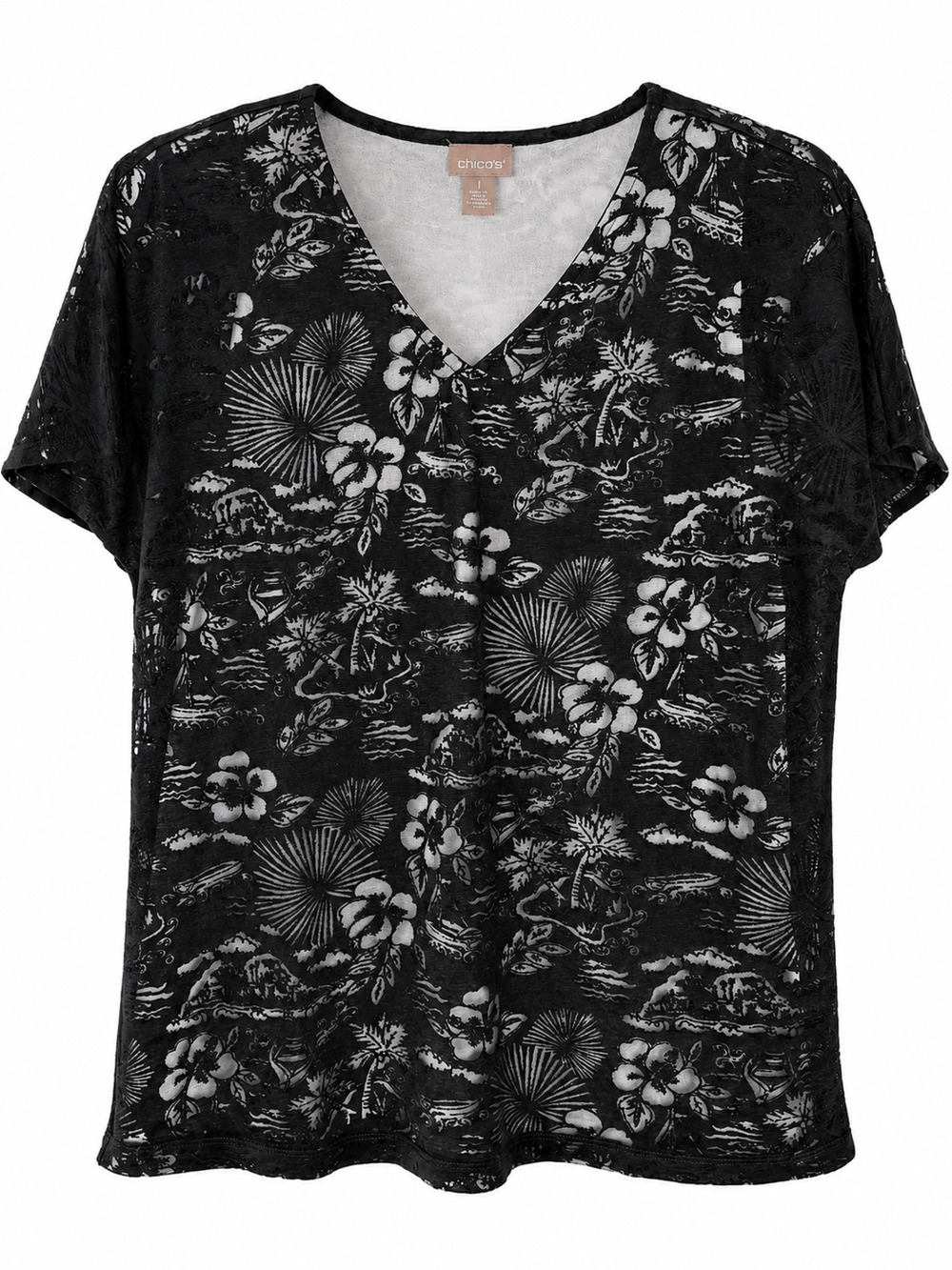 Chicos Size 1 Medium (8) Black Burnout Top Floral V Neck Short Sleeve Layered